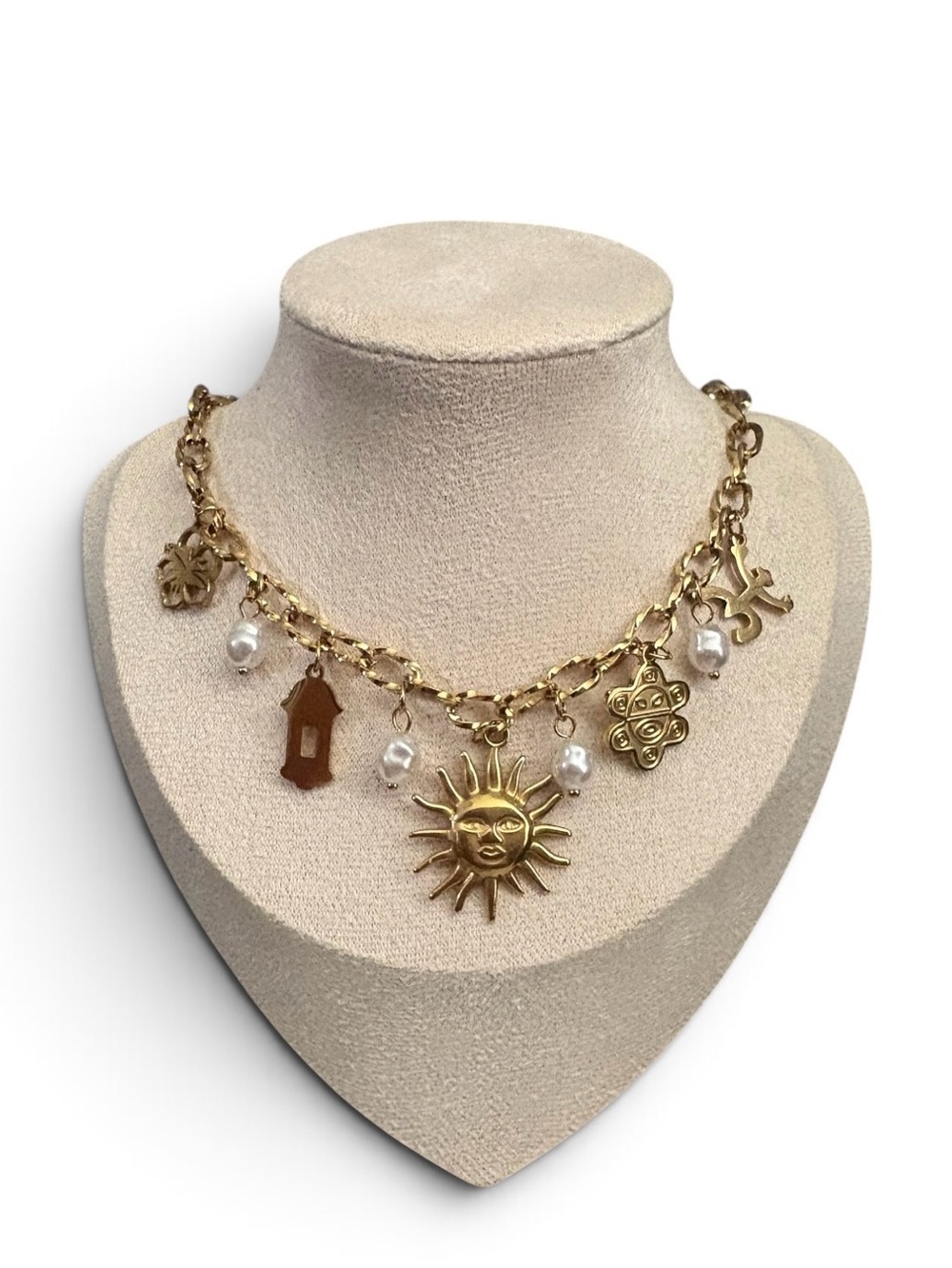 Gold Sun Charm Necklace with Pearl Accents Stainless Steel New